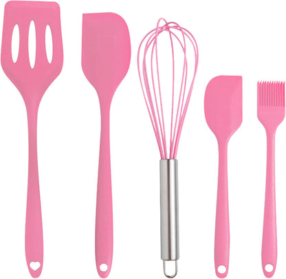Silicone Spatula Set 5 Pieces Heat Resistant Non-Stick Rubber Spatulas for Baking Cooking Mixing Scraping Nonstick Cookware Kitchen Utensils (Pink)