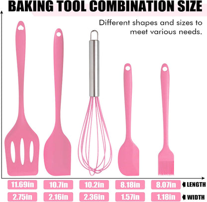 Silicone Spatula Set 5 Pieces Heat Resistant Non-Stick Rubber Spatulas for Baking Cooking Mixing Scraping Nonstick Cookware Kitchen Utensils (Pink)