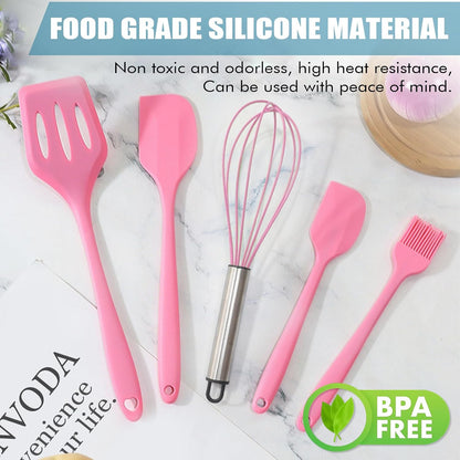 Silicone Spatula Set 5 Pieces Heat Resistant Non-Stick Rubber Spatulas for Baking Cooking Mixing Scraping Nonstick Cookware Kitchen Utensils (Pink)