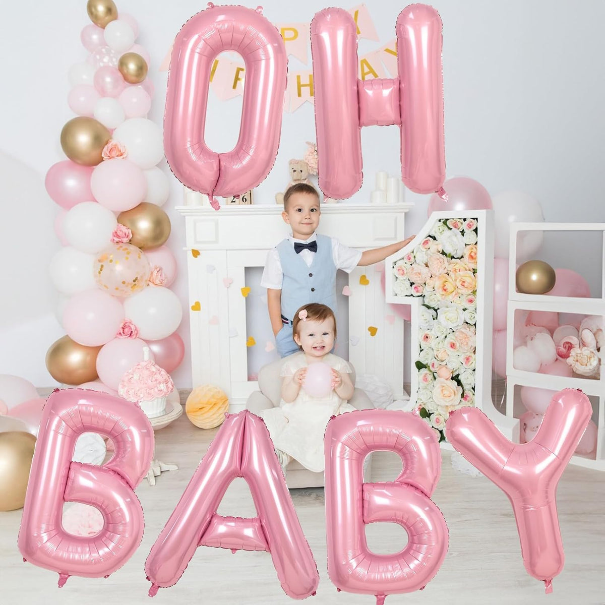 40 Inch Pastel Pink OH BABY Balloon for Baby Shower, Large Light Pink OH BABY Balloon Letters with Ribbon, Pearl Pink Alphabet Balloons Banner Sign for Girl Birthday Party Backdrop Decorations