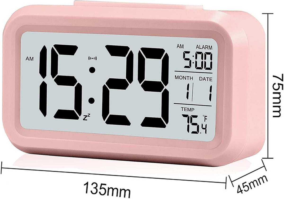 Digital Alarm Clock with LCD Display, Desk Smart Electronic Small Clock with Indoor Temperature, Date, Light Sensor, Backlight, Battery Operated, for Home Bedroom Kids Office (Pink)