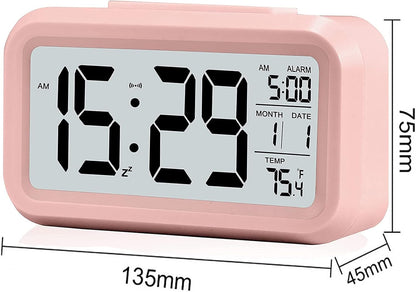 Digital Alarm Clock with LCD Display, Desk Smart Electronic Small Clock with Indoor Temperature, Date, Light Sensor, Backlight, Battery Operated, for Home Bedroom Kids Office (Pink)