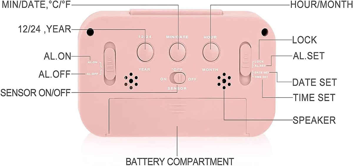 Digital Alarm Clock with LCD Display, Desk Smart Electronic Small Clock with Indoor Temperature, Date, Light Sensor, Backlight, Battery Operated, for Home Bedroom Kids Office (Pink)