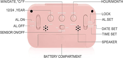 Digital Alarm Clock with LCD Display, Desk Smart Electronic Small Clock with Indoor Temperature, Date, Light Sensor, Backlight, Battery Operated, for Home Bedroom Kids Office (Pink)