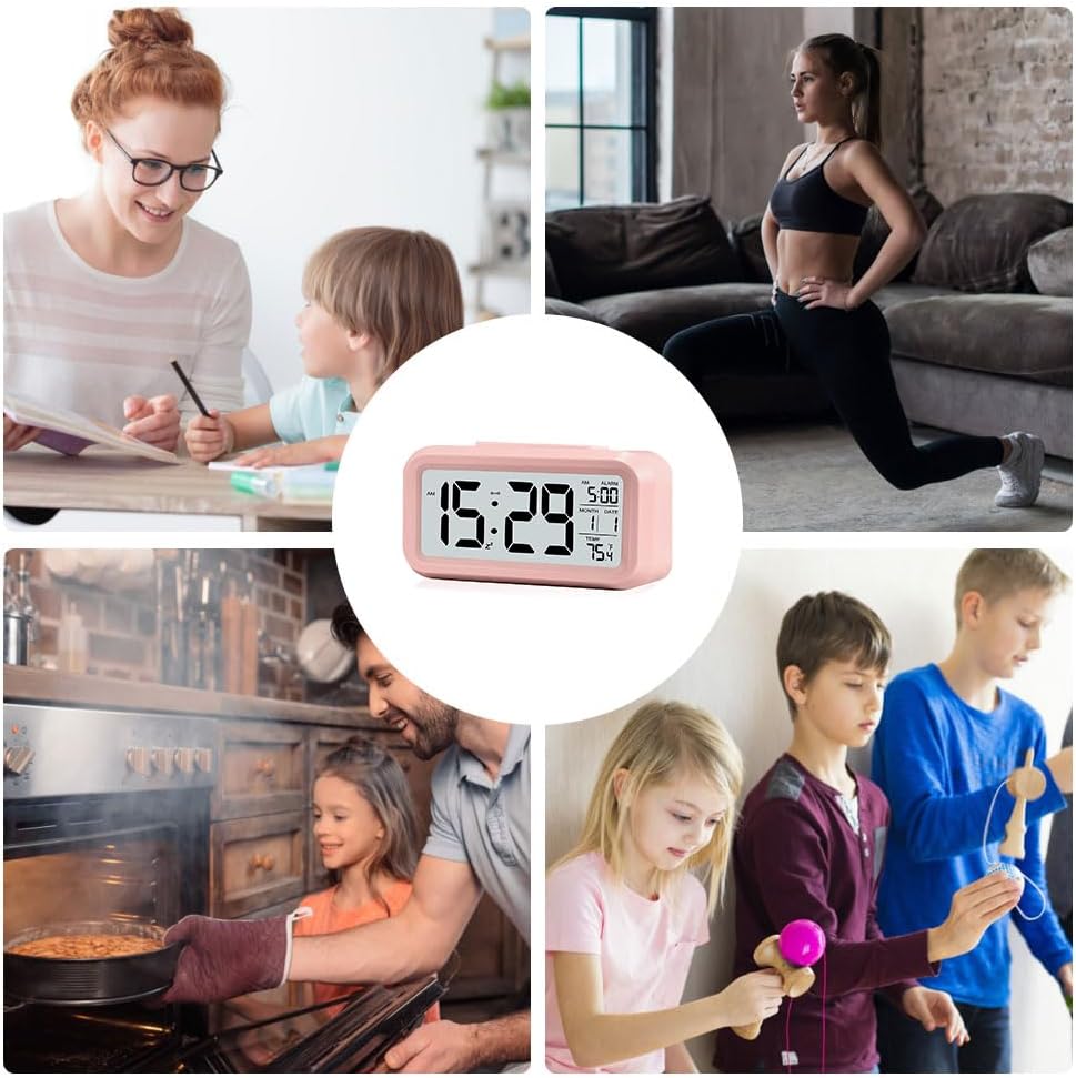 Digital Alarm Clock with LCD Display, Desk Smart Electronic Small Clock with Indoor Temperature, Date, Light Sensor, Backlight, Battery Operated, for Home Bedroom Kids Office (Pink)