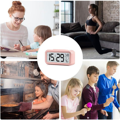 Digital Alarm Clock with LCD Display, Desk Smart Electronic Small Clock with Indoor Temperature, Date, Light Sensor, Backlight, Battery Operated, for Home Bedroom Kids Office (Pink)