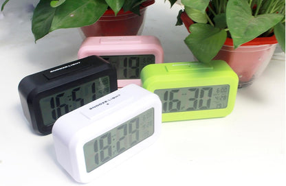 Digital Alarm Clock with LCD Display, Desk Smart Electronic Small Clock with Indoor Temperature, Date, Light Sensor, Backlight, Battery Operated, for Home Bedroom Kids Office (Pink)