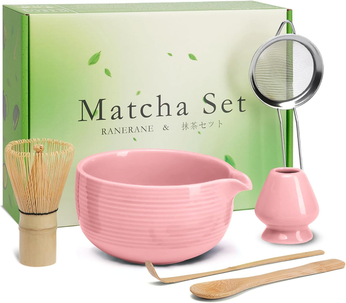 Pink Ceramic Matcha Set, 6 Pcs - Bowl, Whisk (Chasen), Holder, Sifter, Bamboo Scoop & Spoon
