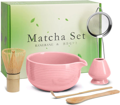 Pink Ceramic Matcha Set, 6 Pcs - Bowl, Whisk (Chasen), Holder, Sifter, Bamboo Scoop & Spoon