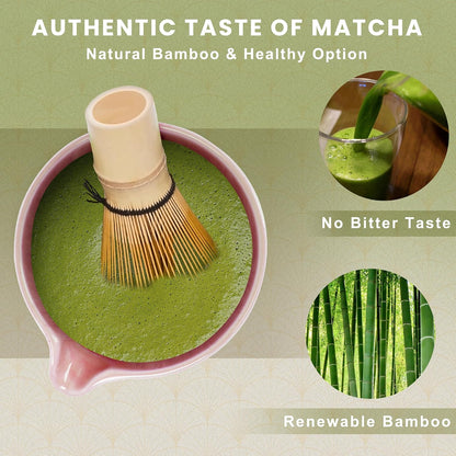 Pink Ceramic Matcha Set, 6 Pcs - Bowl, Whisk (Chasen), Holder, Sifter, Bamboo Scoop & Spoon