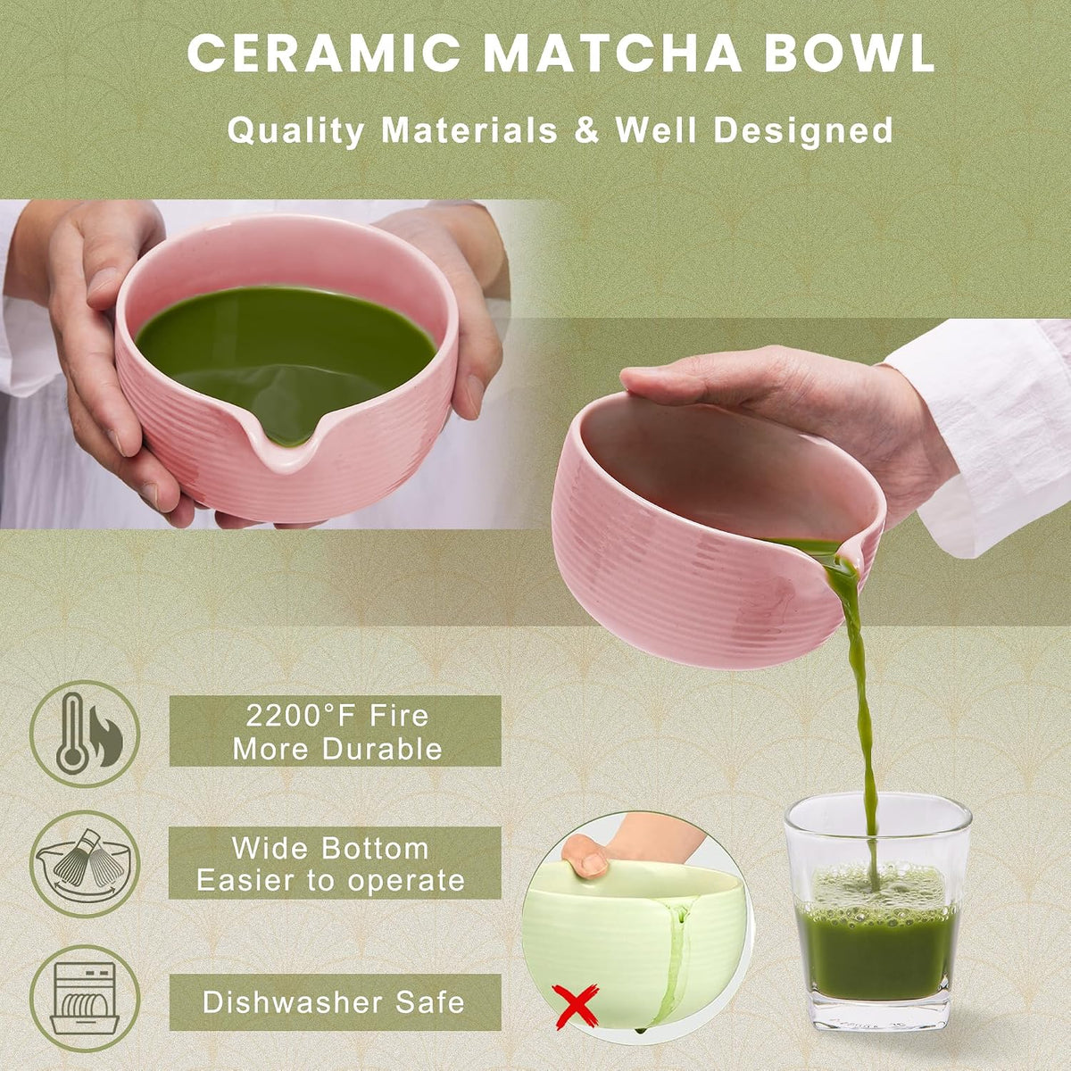 Pink Ceramic Matcha Set, 6 Pcs - Bowl, Whisk (Chasen), Holder, Sifter, Bamboo Scoop & Spoon