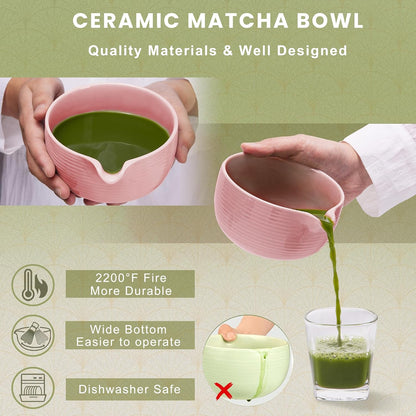 Pink Ceramic Matcha Set, 6 Pcs - Bowl, Whisk (Chasen), Holder, Sifter, Bamboo Scoop & Spoon