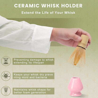 Pink Ceramic Matcha Set, 6 Pcs - Bowl, Whisk (Chasen), Holder, Sifter, Bamboo Scoop & Spoon
