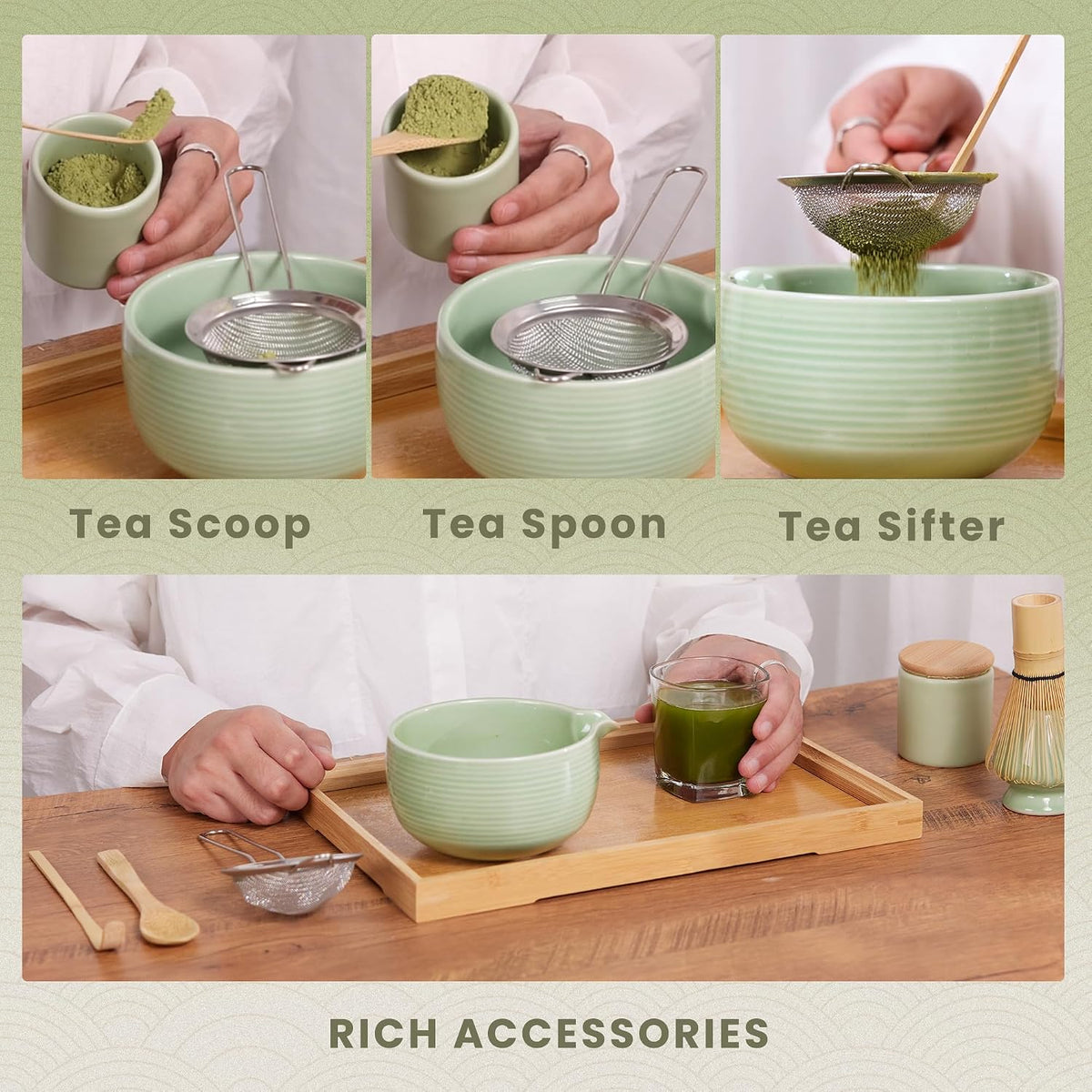 Pink Ceramic Matcha Set, 6 Pcs - Bowl, Whisk (Chasen), Holder, Sifter, Bamboo Scoop & Spoon