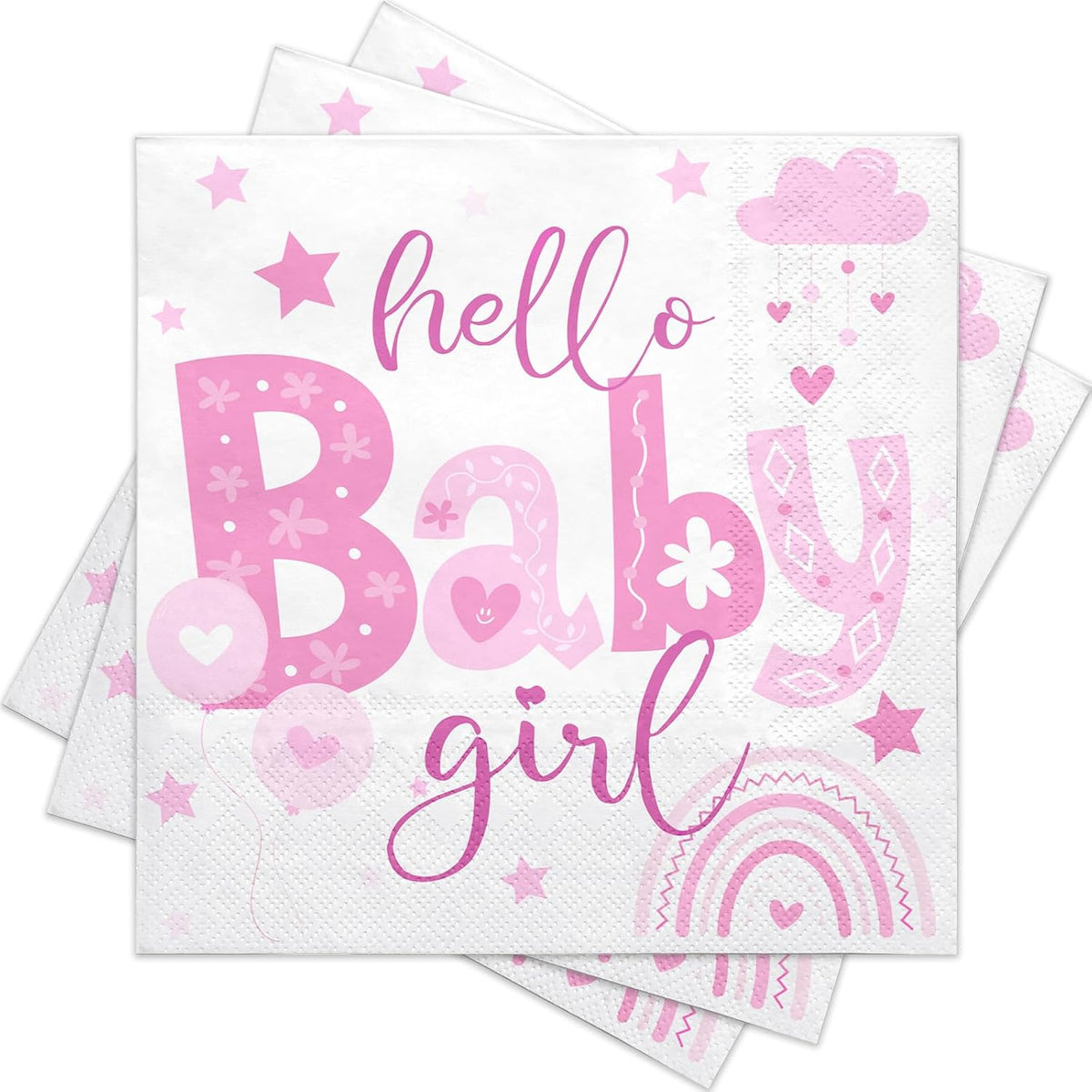 50 Pcs Baby Shower Girl Napkin Paper, 3 Ply Disposable Pink Hello Baby Girl, Rainbow and Stars Deisgn Cocktail Dinner Paper Napkins for First Birthday, Gender Reveal Party, 5 x 5 Inch