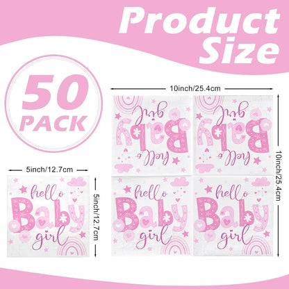 50 Pcs Baby Shower Girl Napkin Paper, 3 Ply Disposable Pink Hello Baby Girl, Rainbow and Stars Deisgn Cocktail Dinner Paper Napkins for First Birthday, Gender Reveal Party, 5 x 5 Inch