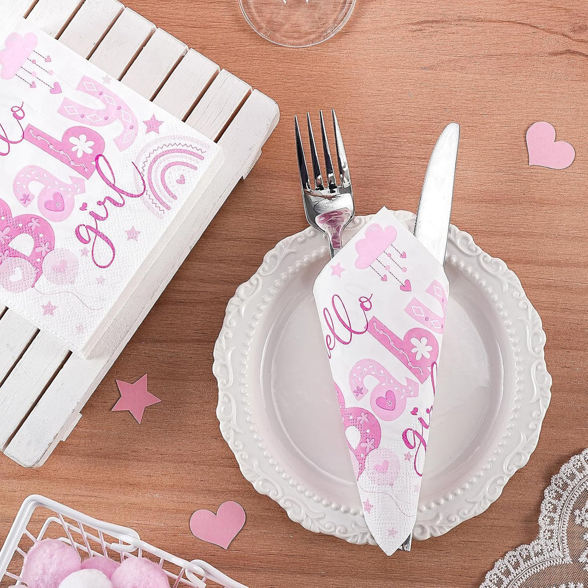 50 Pcs Baby Shower Girl Napkin Paper, 3 Ply Disposable Pink Hello Baby Girl, Rainbow and Stars Deisgn Cocktail Dinner Paper Napkins for First Birthday, Gender Reveal Party, 5 x 5 Inch