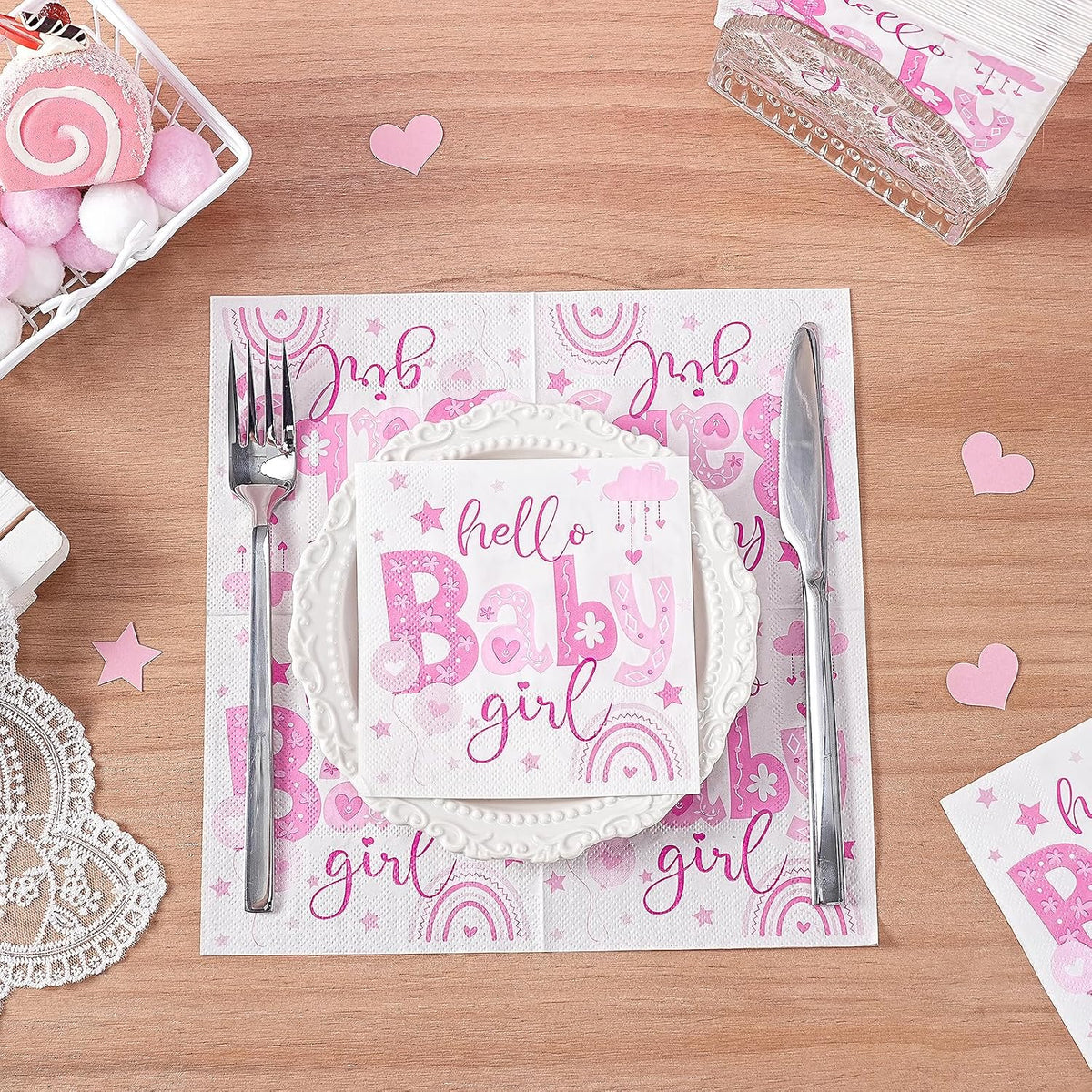 50 Pcs Baby Shower Girl Napkin Paper, 3 Ply Disposable Pink Hello Baby Girl, Rainbow and Stars Deisgn Cocktail Dinner Paper Napkins for First Birthday, Gender Reveal Party, 5 x 5 Inch