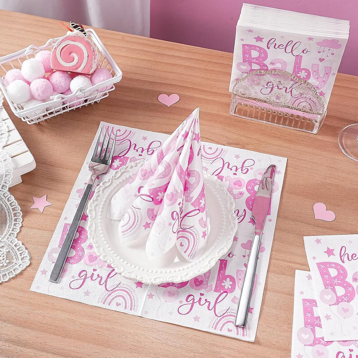50 Pcs Baby Shower Girl Napkin Paper, 3 Ply Disposable Pink Hello Baby Girl, Rainbow and Stars Deisgn Cocktail Dinner Paper Napkins for First Birthday, Gender Reveal Party, 5 x 5 Inch