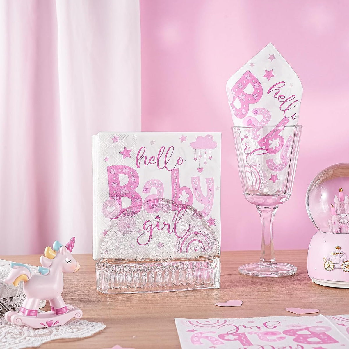 50 Pcs Baby Shower Girl Napkin Paper, 3 Ply Disposable Pink Hello Baby Girl, Rainbow and Stars Deisgn Cocktail Dinner Paper Napkins for First Birthday, Gender Reveal Party, 5 x 5 Inch