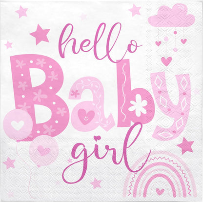 50 Pcs Baby Shower Girl Napkin Paper, 3 Ply Disposable Pink Hello Baby Girl, Rainbow and Stars Deisgn Cocktail Dinner Paper Napkins for First Birthday, Gender Reveal Party, 5 x 5 Inch