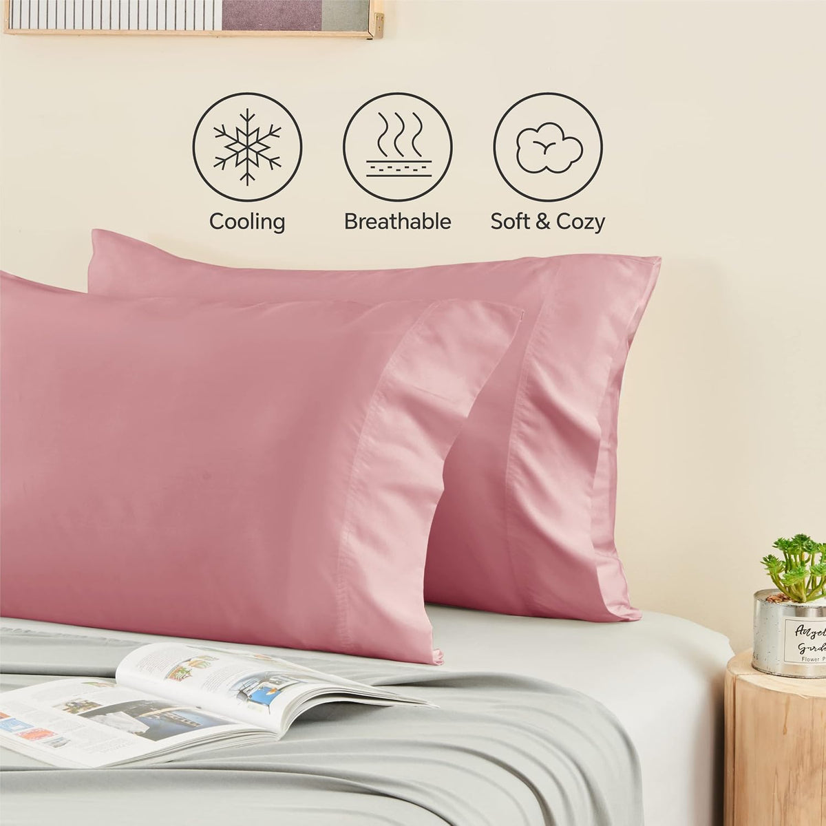 Pillow Cases Standard Size 2Pcs, Rayon from Bamboo, Rose Pink