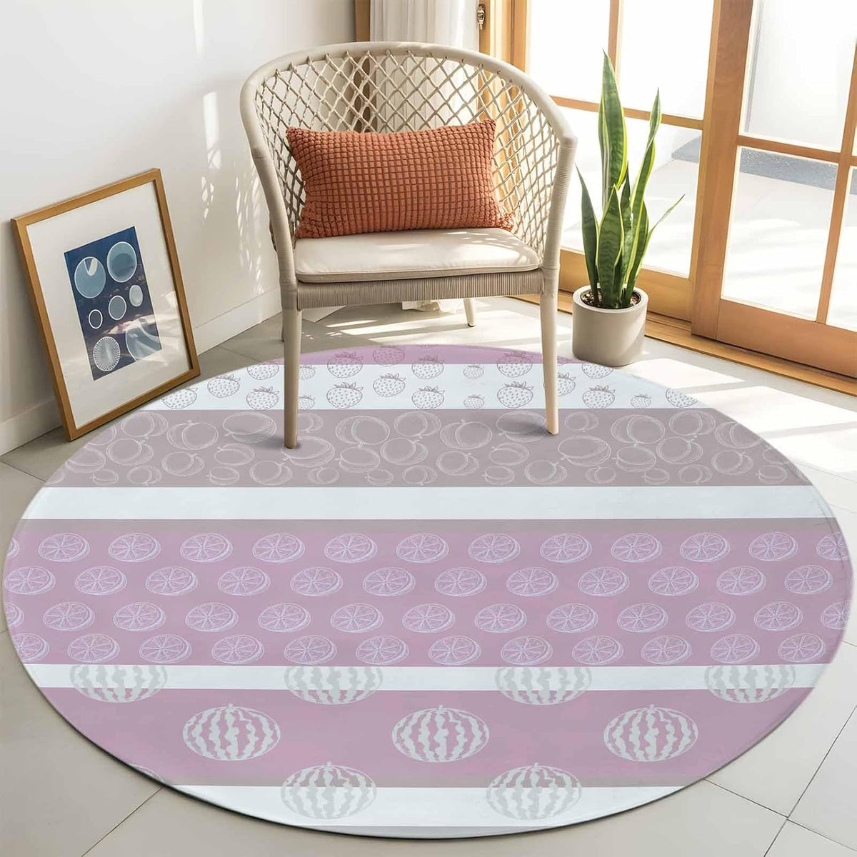 Round Rugs 4 Feet, Farm Fruits Non Slip Area Rugs for Living Room, Bedroom, Barhroom, Entryway, Watermelon Lemons Peach Pink Grey Striped Soft Kitchen Bath Mats Washable Carpet