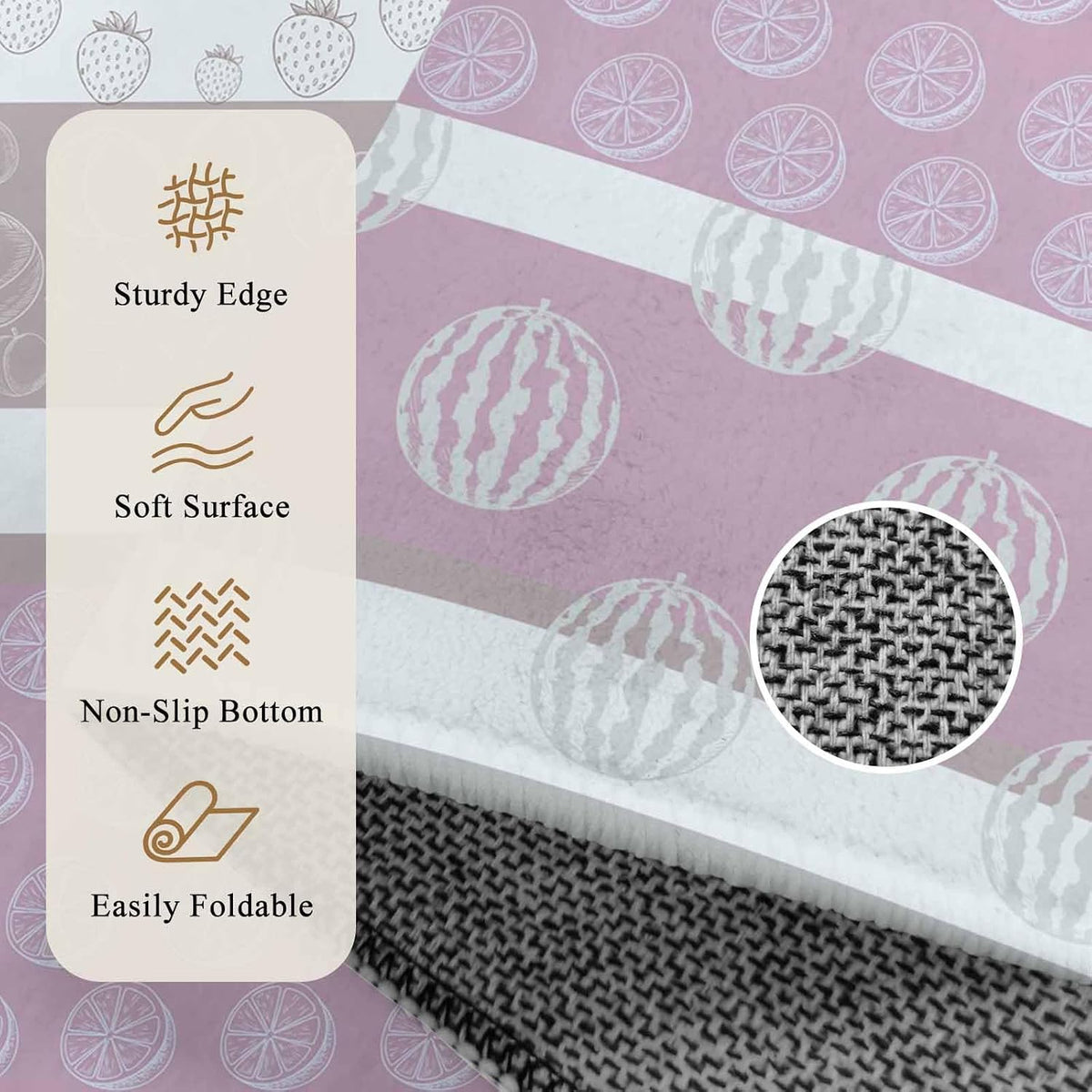 Round Rugs 4 Feet, Farm Fruits Non Slip Area Rugs for Living Room, Bedroom, Barhroom, Entryway, Watermelon Lemons Peach Pink Grey Striped Soft Kitchen Bath Mats Washable Carpet
