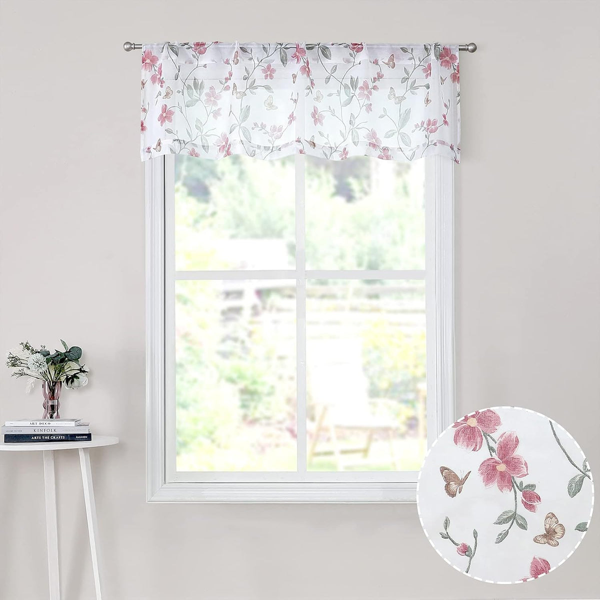 Sheer Floral Curtain Valance Pink Flower Butterfly Printed Bedroom Curtain Valances Rod Pocket Voile Faux Linen Window Valance Curtains for Living Room, 54 x 16 inches Long, Set of 1 Panel