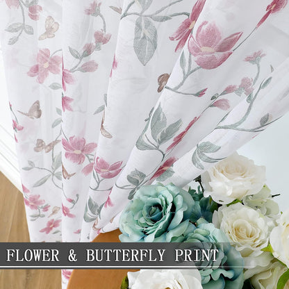 Sheer Floral Curtain Valance Pink Flower Butterfly Printed Bedroom Curtain Valances Rod Pocket Voile Faux Linen Window Valance Curtains for Living Room, 54 x 16 inches Long, Set of 1 Panel