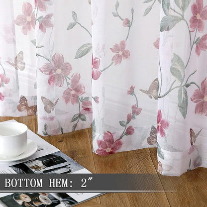 Sheer Floral Curtain Valance Pink Flower Butterfly Printed Bedroom Curtain Valances Rod Pocket Voile Faux Linen Window Valance Curtains for Living Room, 54 x 16 inches Long, Set of 1 Panel