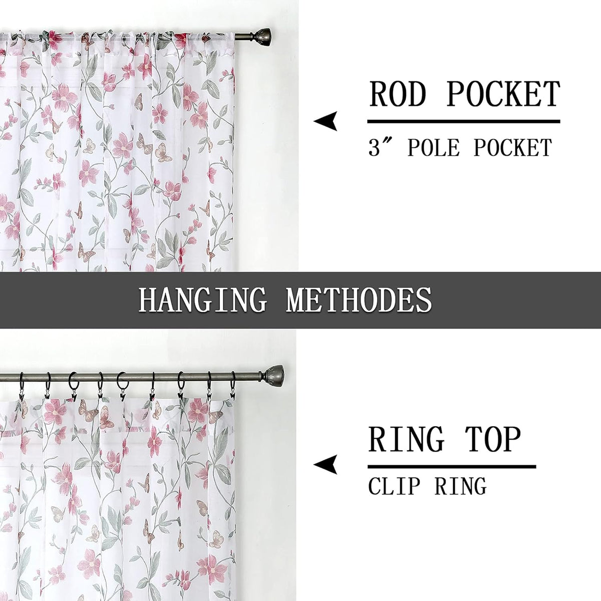 Sheer Floral Curtain Valance Pink Flower Butterfly Printed Bedroom Curtain Valances Rod Pocket Voile Faux Linen Window Valance Curtains for Living Room, 54 x 16 inches Long, Set of 1 Panel
