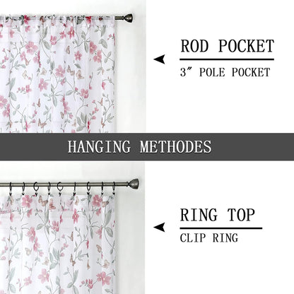 Sheer Floral Curtain Valance Pink Flower Butterfly Printed Bedroom Curtain Valances Rod Pocket Voile Faux Linen Window Valance Curtains for Living Room, 54 x 16 inches Long, Set of 1 Panel