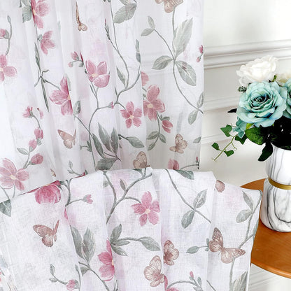 Sheer Floral Curtain Valance Pink Flower Butterfly Printed Bedroom Curtain Valances Rod Pocket Voile Faux Linen Window Valance Curtains for Living Room, 54 x 16 inches Long, Set of 1 Panel
