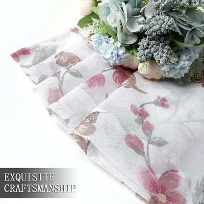 Sheer Floral Curtain Valance Pink Flower Butterfly Printed Bedroom Curtain Valances Rod Pocket Voile Faux Linen Window Valance Curtains for Living Room, 54 x 16 inches Long, Set of 1 Panel