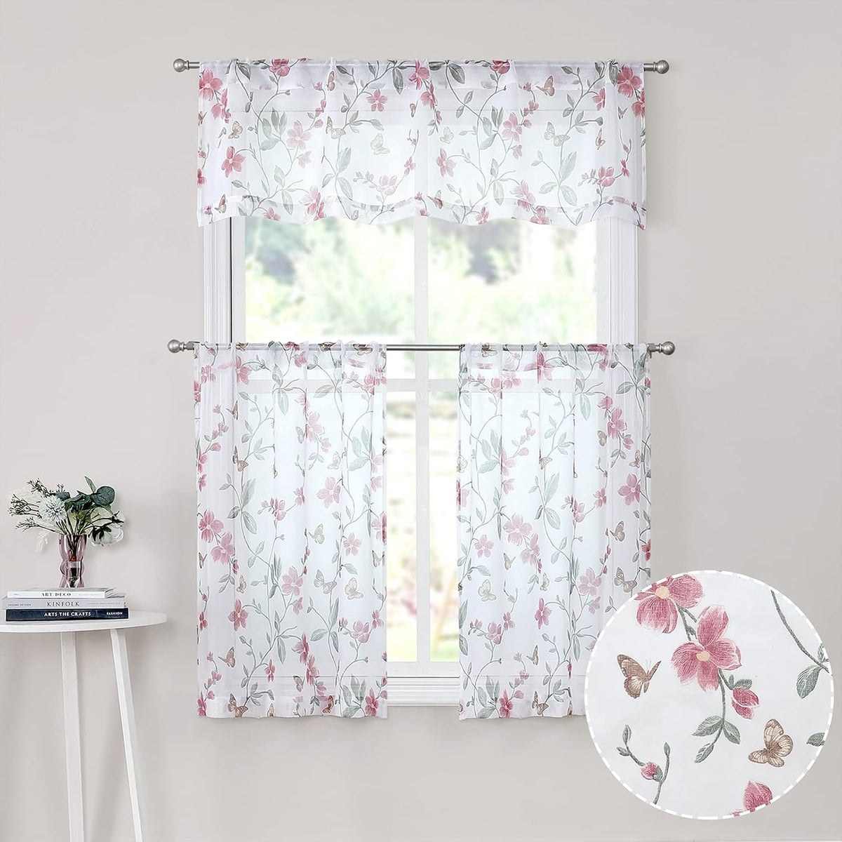 Sheer Floral Curtain Valance Pink Flower Butterfly Printed Bedroom Curtain Valances Rod Pocket Voile Faux Linen Window Valance Curtains for Living Room, 54 x 16 inches Long, Set of 1 Panel