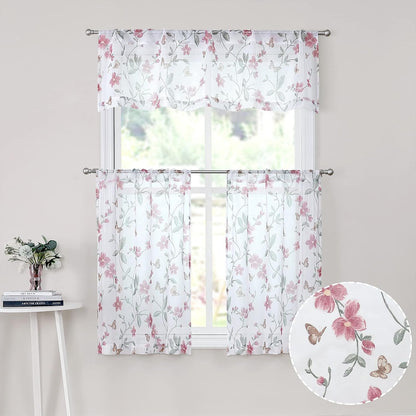 Sheer Floral Curtain Valance Pink Flower Butterfly Printed Bedroom Curtain Valances Rod Pocket Voile Faux Linen Window Valance Curtains for Living Room, 54 x 16 inches Long, Set of 1 Panel
