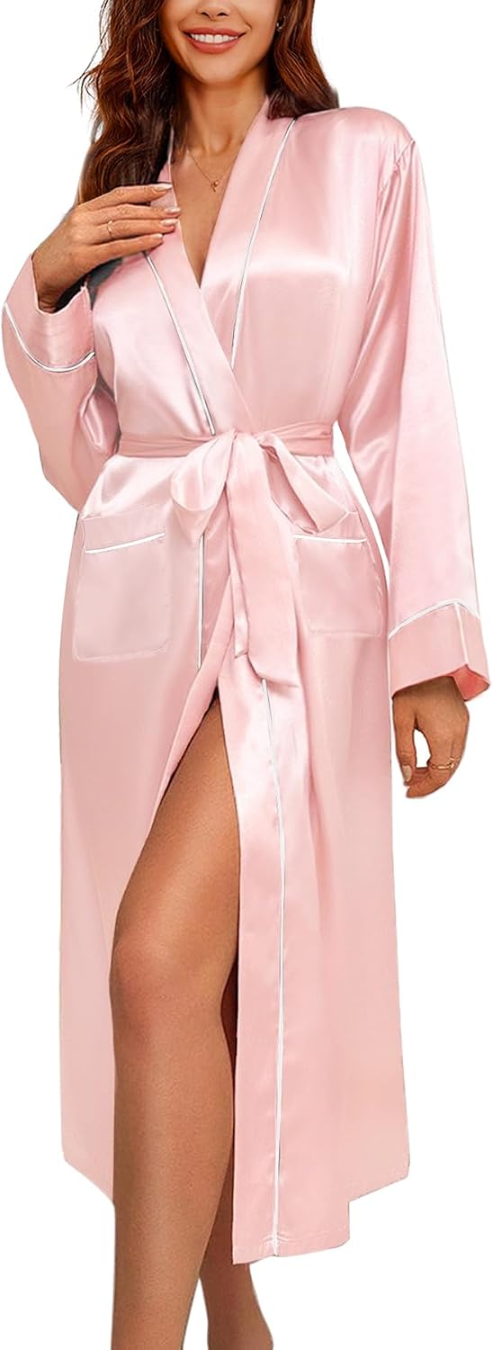 Satin Robes for Women Long Sleeve Silk Bathrobe Soft Lightweight Full Length Sleepwear Bridesmaid Wedding Party Robes