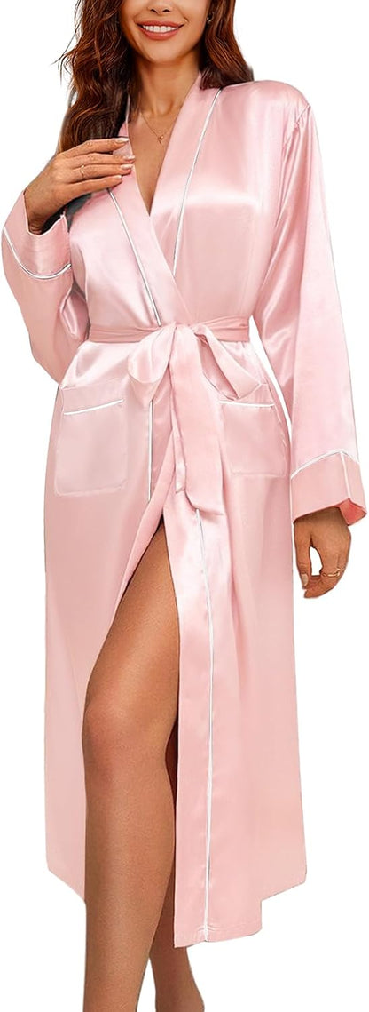 Satin Robes for Women Long Sleeve Silk Bathrobe Soft Lightweight Full Length Sleepwear Bridesmaid Wedding Party Robes