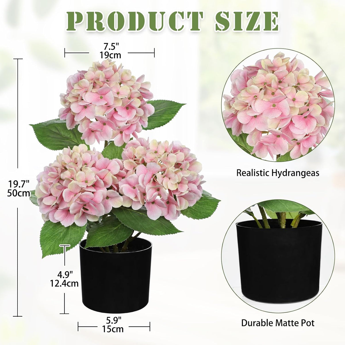Pink Hydrangea Artificial Flowers in Pot Large Silk Hydrangeas Flowers Fake Flowers Arrangements for Indoor Home Office Kitchen Table Centerpieces Wedding Decorations