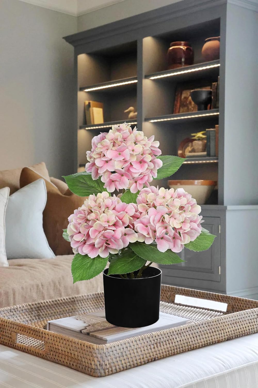 Pink Hydrangea Artificial Flowers in Pot Large Silk Hydrangeas Flowers Fake Flowers Arrangements for Indoor Home Office Kitchen Table Centerpieces Wedding Decorations