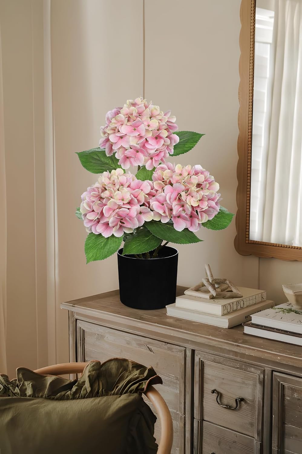 Pink Hydrangea Artificial Flowers in Pot Large Silk Hydrangeas Flowers Fake Flowers Arrangements for Indoor Home Office Kitchen Table Centerpieces Wedding Decorations