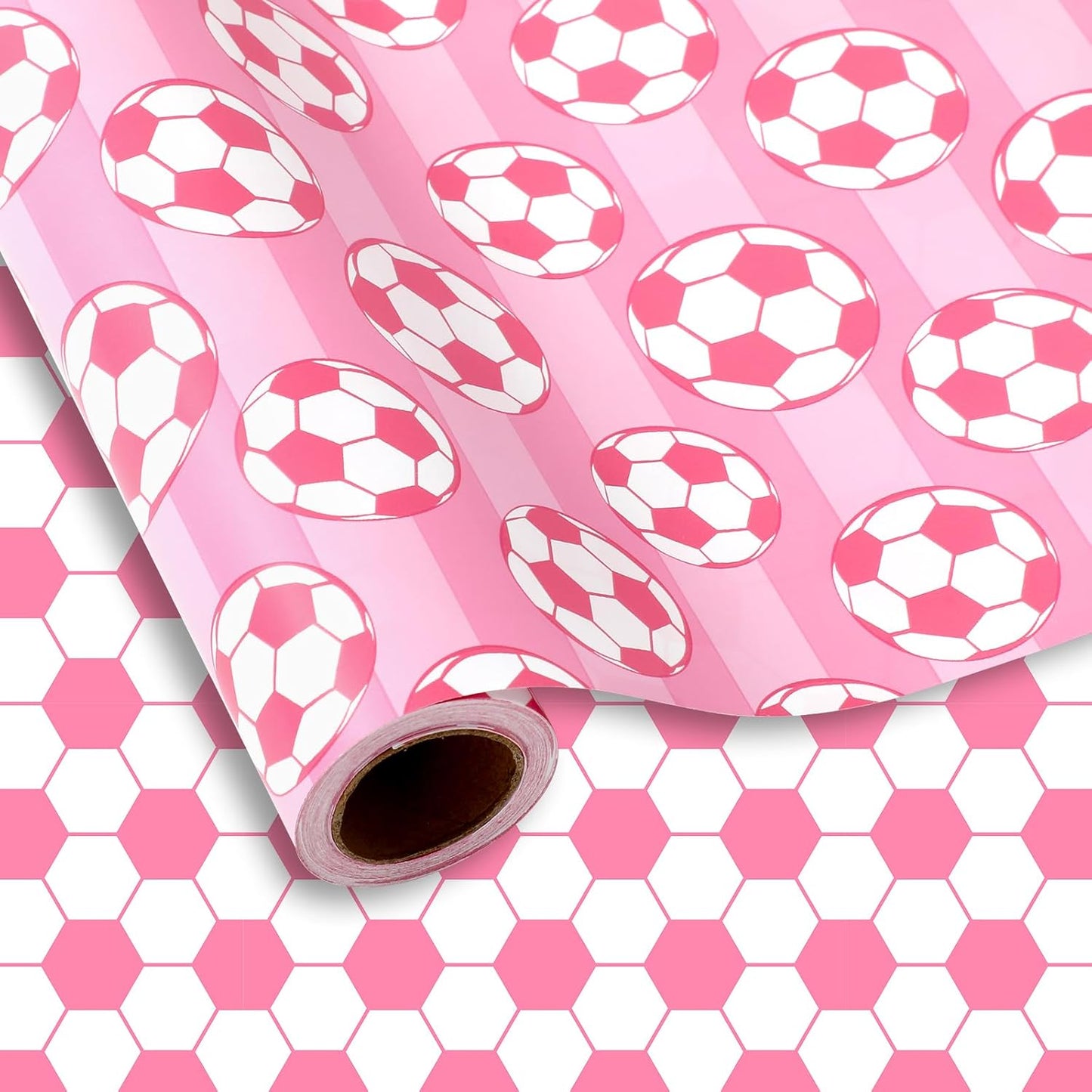 Soccer Ball Wrapping Paper - Mini Roll - 17 In x 32.8 Ft Sports Pink White Soccer Double-Sided Gift Wrap Paper for DIY Art Craft Birthday Holiday Party