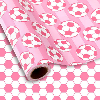 Soccer Ball Wrapping Paper - Mini Roll - 17 In x 32.8 Ft Sports Pink White Soccer Double-Sided Gift Wrap Paper for DIY Art Craft Birthday Holiday Party