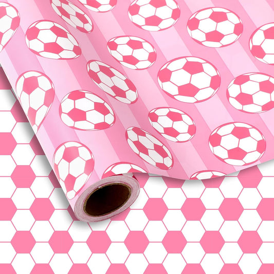 Soccer Ball Wrapping Paper - Mini Roll - 17 In x 32.8 Ft Sports Pink White Soccer Double-Sided Gift Wrap Paper for DIY Art Craft Birthday Holiday Party