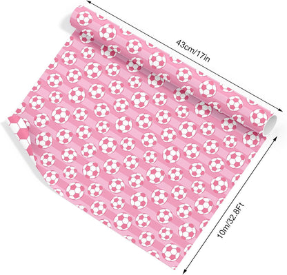 Soccer Ball Wrapping Paper - Mini Roll - 17 In x 32.8 Ft Sports Pink White Soccer Double-Sided Gift Wrap Paper for DIY Art Craft Birthday Holiday Party