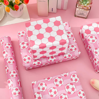 Soccer Ball Wrapping Paper - Mini Roll - 17 In x 32.8 Ft Sports Pink White Soccer Double-Sided Gift Wrap Paper for DIY Art Craft Birthday Holiday Party