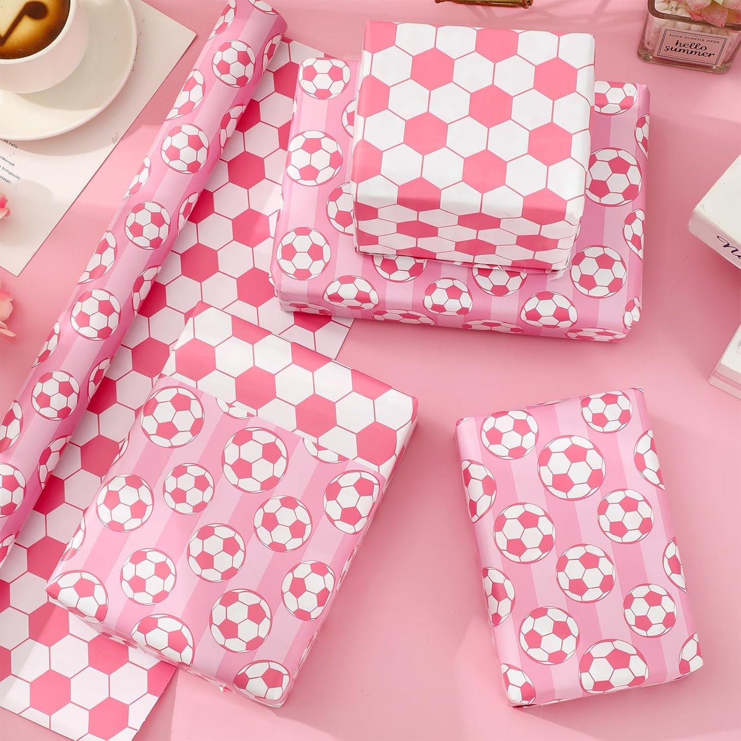 Soccer Ball Wrapping Paper - Mini Roll - 17 In x 32.8 Ft Sports Pink White Soccer Double-Sided Gift Wrap Paper for DIY Art Craft Birthday Holiday Party