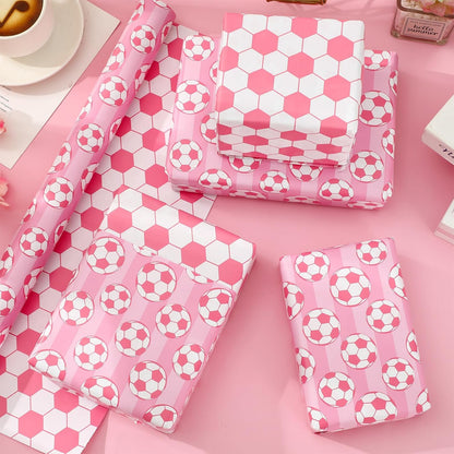 Soccer Ball Wrapping Paper - Mini Roll - 17 In x 32.8 Ft Sports Pink White Soccer Double-Sided Gift Wrap Paper for DIY Art Craft Birthday Holiday Party