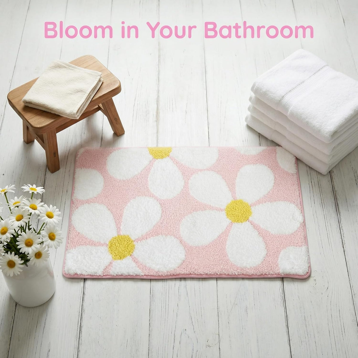 Cute Flower Bath Mat, Non-Slip TPR Backing Ultra Soft Microfiber Bathroom Rug, Machine Washable Absorbent Bath Rug for Tub Shower Sink Bedroom Dorm Restroom Toilet(Pink, 24x16 Inch)